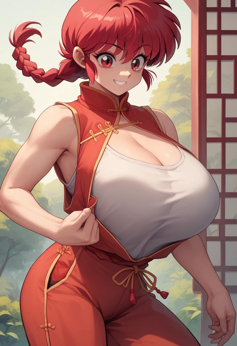 masterpiece, Best Quality, perfect anatomy ,  is so pretty , Absurd　 1 girl\(Ranma, the main character of أنيمي\(Ranma1/2\),  braided ed Red Hair, red eyes, Red Chinese clothing, smile, Ranma Saotome,  braided , Red Hair, single  braided ,  braided ed ponytail, red eyes,pants, Chinese clothes,  tank top ,, purple eyeshadow), huge breasts　 sexy　 erotic 　 is embarrassing　 is short　Skip the shirt button