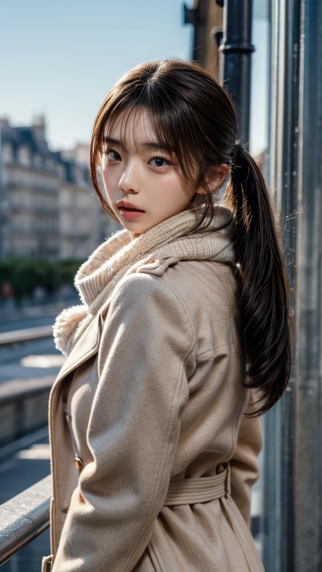  ponytail,  White scarf ,Wear a dark brown coat, I have a bag, Seductive lips ,  lip gloss, Seductive lips, 艶やかな  lip gloss, , ((  eyes staring at viewers)),  foot pose 1  , Sharp Eye, High Concentration  ,  makeup eyes  , iris, Natural tear troughs, small nose,Beautiful Nose, Best Quality, 最 High image quality, Realistic, ( High image quality:1.2), , ( 1 on the face .3 ),Kissing Face, ( Poke out your lips ), autumn, A little cold, Wear warm clothes, Stylish, Paris cityscape, Stylishな街並み, White scarf着用,  wearing a dark brown long coat,  sandy beach, Moe sleeves,  I'm taking a picture from a distance , 