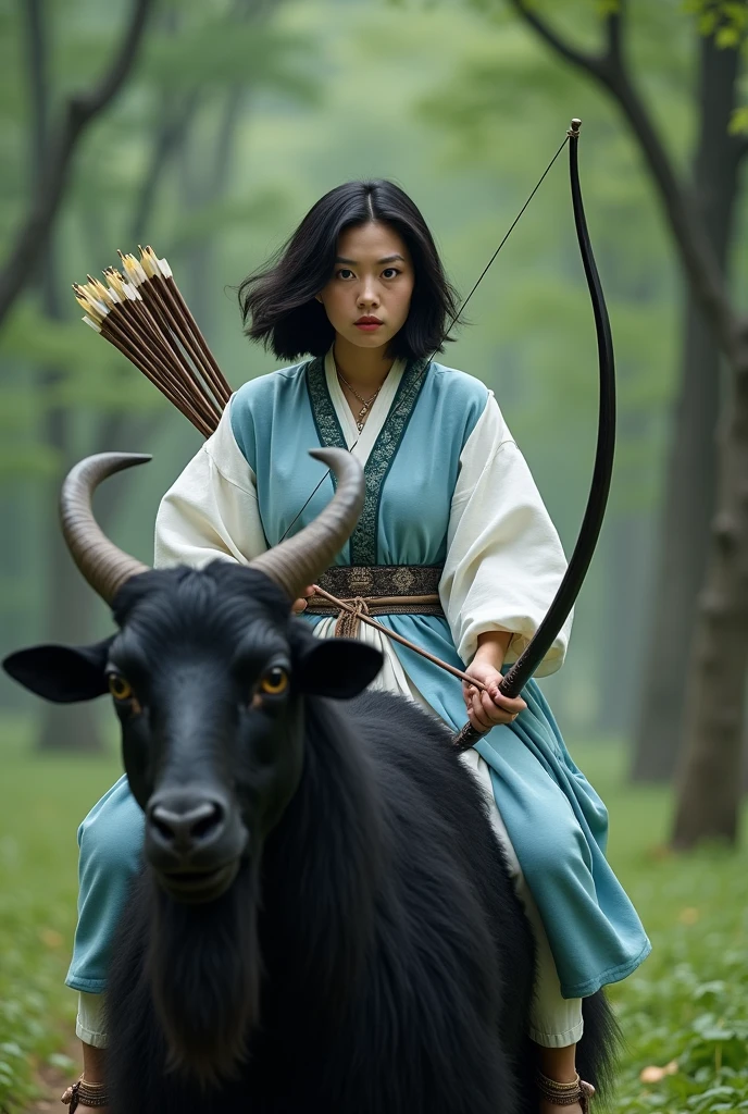 live-action、 real、 very beautiful Japanese woman carrying an arrow and holding a bow、Carrying arrows、 traveling through the forest across a large black goat、White and blue Ainu national costume 、A very beautiful Japanese woman with a 、Black Hair、 short bob hair、Hair blowing in the wind、 upper body、