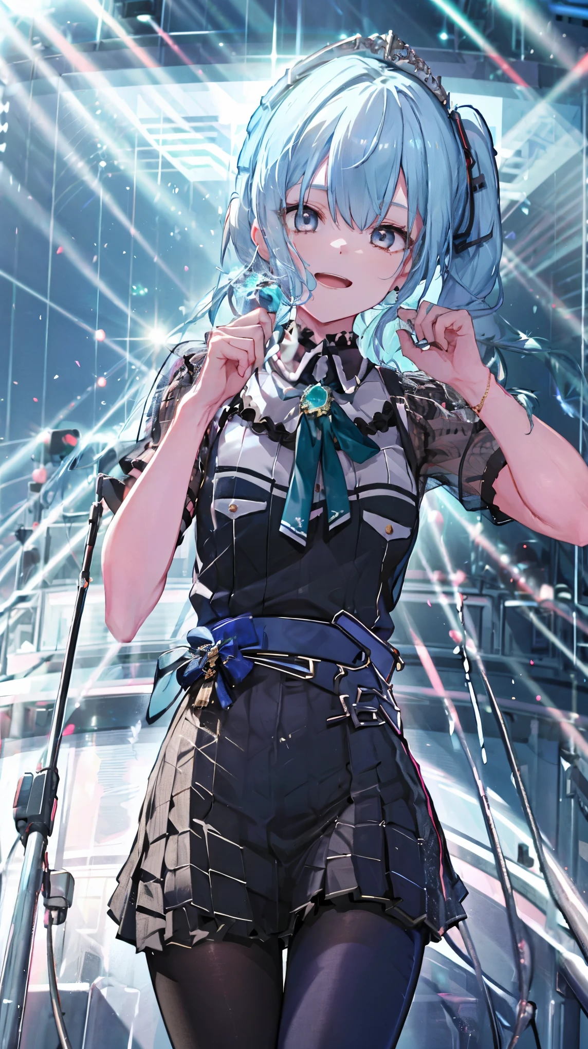 masterpiece, best quality, absurdres, 1girl, solo, Hoshimachi Suisei, light blue hair, blue eyes, happy, smile, parted lips, slender, sidelocks, sideponytail, toned, 
idol, idol clothes, ho****ve idol uniform, bowtie, blue skirt, brooch, dress, concert, on stage, frilled skirt, jewelry, layered dress, short sleeves, tiara, midriff, thighhighs,shout,(open_mouth:1.3),singing,(angry:0.6), (glare:0.6), idle_live,audience_landscape,light up_girl,solo,shiny_effects,smile。joy,happy,(slanted_eyes:1.3),navel,