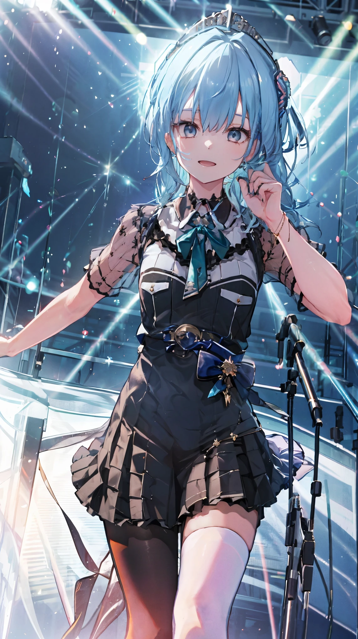 masterpiece, best quality, absurdres, 1girl, solo, Hoshimachi Suisei, light blue hair, blue eyes, happy, smile, parted lips, slender, sidelocks, sideponytail, toned, 
idol, idol clothes, hololive idol uniform, bowtie, blue skirt, brooch, dress, concert, on stage, frilled skirt, jewelry, layered dress, short sleeves, tiara, midriff, thighhighs,shout,(open_mouth:1.3),singing,(angry:0.6), (glare:0.6), idle_live,audience_landscape,light up_girl,solo,shiny_effects,smile。joy,happy,(slanted_eyes:1.3),navel,