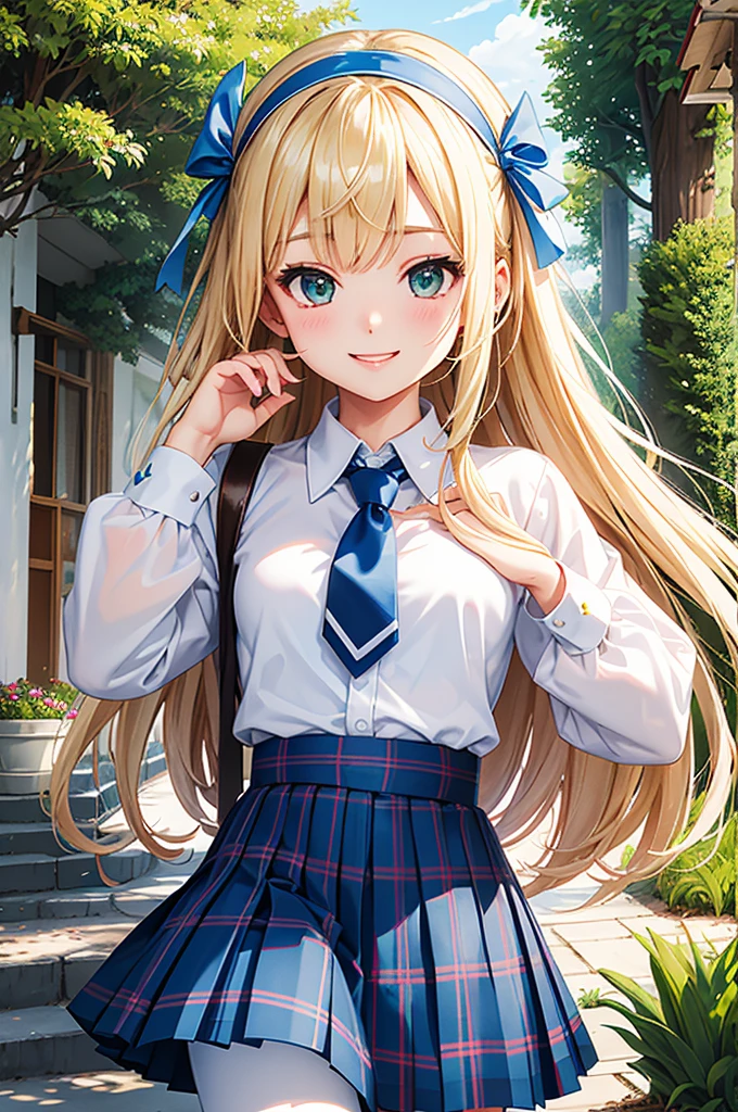 Teenage Prep Female, Blonde Hair, Blue Eye, White High School Outfit, Light Blue School Vest, Japan High School Theme, Happy Emotion mood, Shy, Cute, Portait, 3D, Anime, HDR, HD, Background, RTX, 2K, Masterpiece.