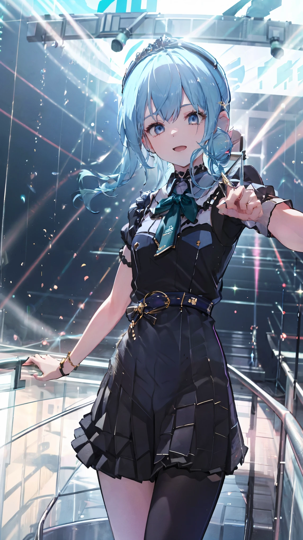 masterpiece, best quality, absurdres, 1girl, solo, Hoshimachi Suisei, light blue hair, blue eyes, happy, smile, parted lips, slender, sidelocks, sideponytail, toned, 
idol, idol clothes, hololive idol uniform, bowtie, blue skirt, brooch, dress, concert, on stage, frilled skirt, jewelry, layered dress, short sleeves, tiara, midriff, thighhighs,shout,(open_mouth:1.3),singing,(angry:0.6), (glare:0.6), idle_live,audience_landscape,light up_girl,solo,shiny_effects,smile。joy,happy,(slanted_eyes:1.3),navel,