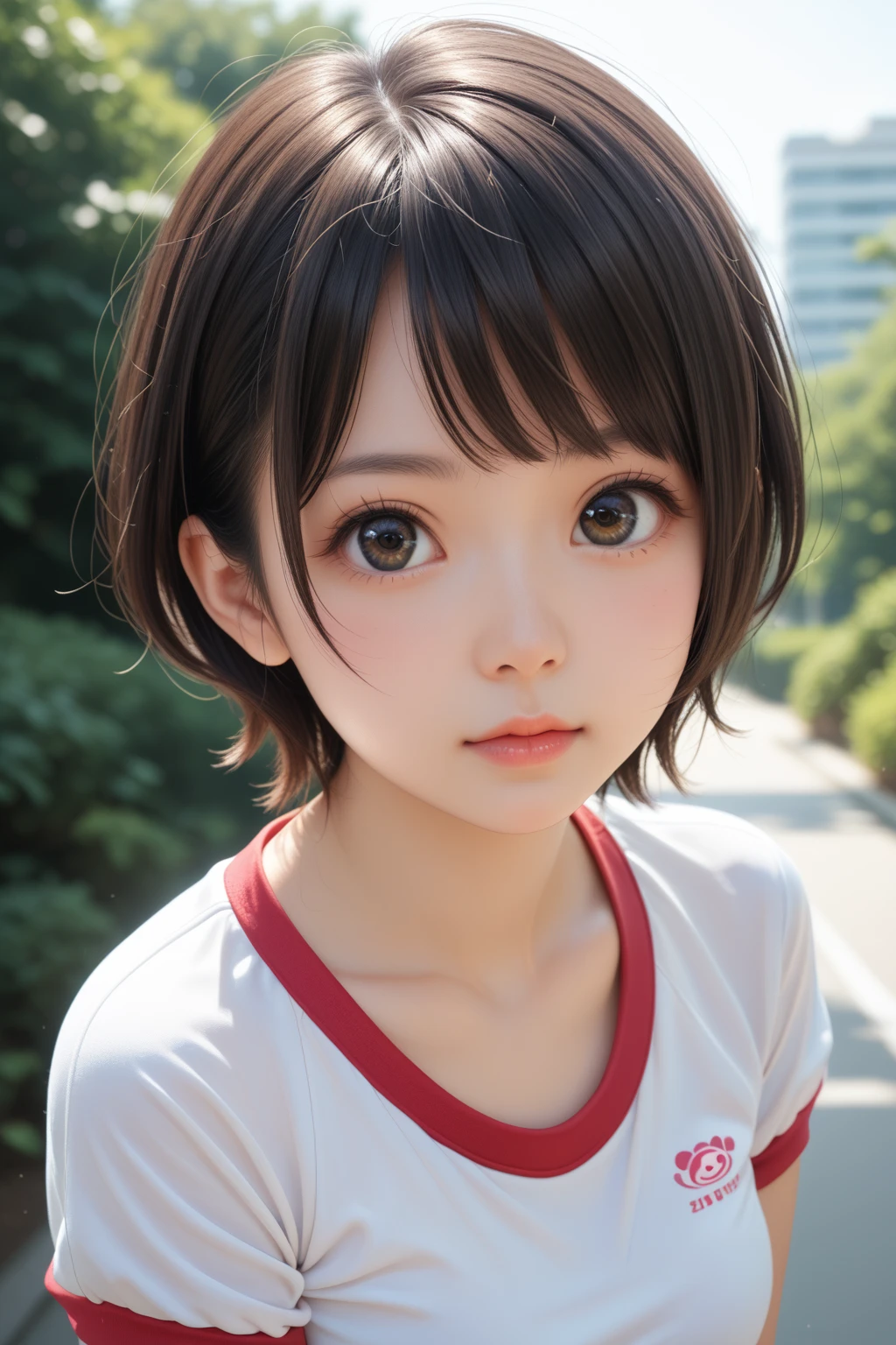 score_9,score_8_up,score_7_up,BREAK, rating_safe,source_real,one girl,tiny,oblong face,short face,narrow chin,detailed face,idol eyes,big eyes,short eyes,black eyes,buruma,gym  uniform,beautiful iris,japanese nose,small nose,small mouth,no make up,looking at viewer,medium breasts,cowboy shot,outdoors