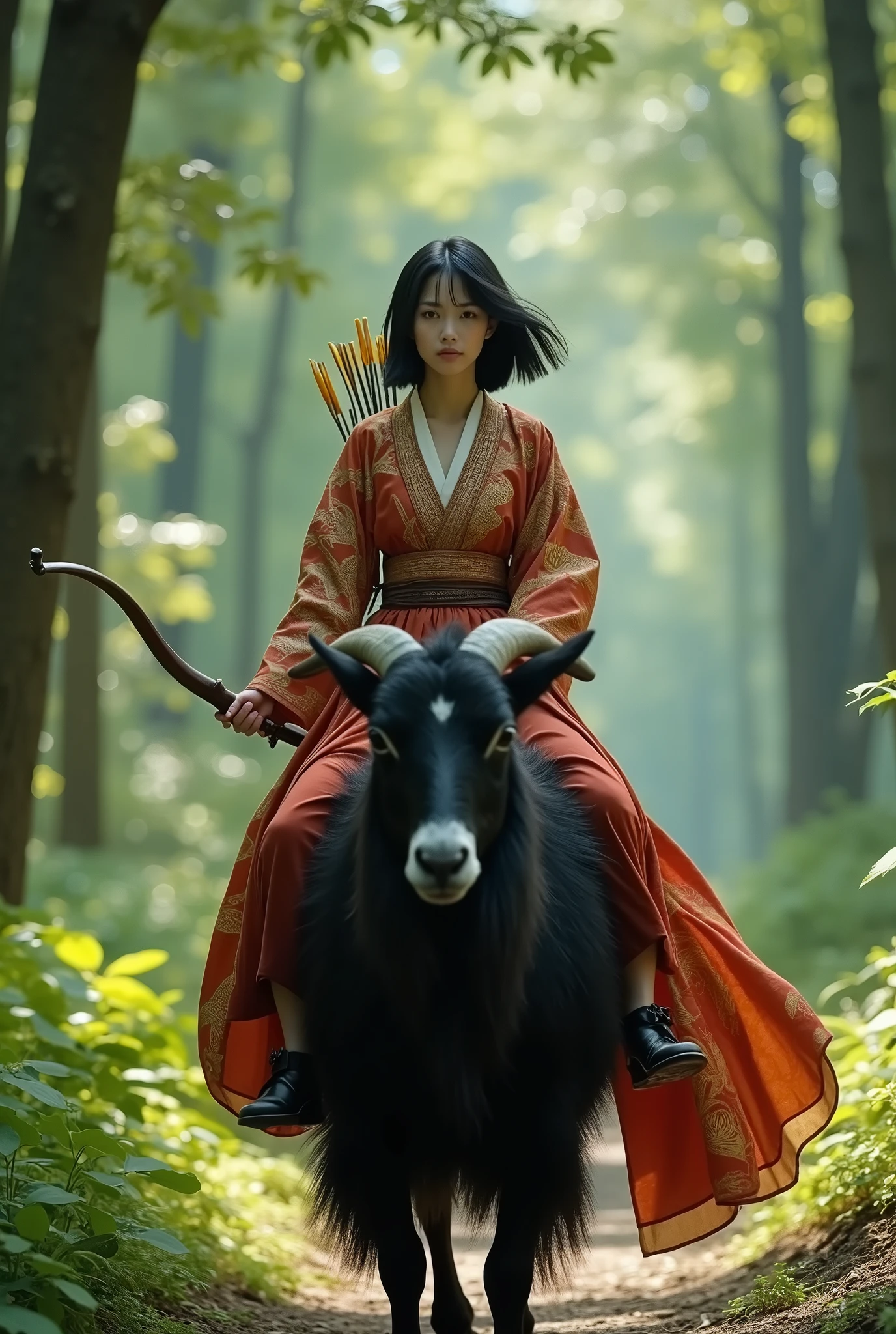 live-action、 real、 very beautiful Japanese woman with bow、Carrying arrows、 traveling through the forest across a large black goat、Okinawan folk costume 、A very beautiful Japanese woman with a 、Black Hair、 short bob hair、Hair blowing in the wind、 upper body、