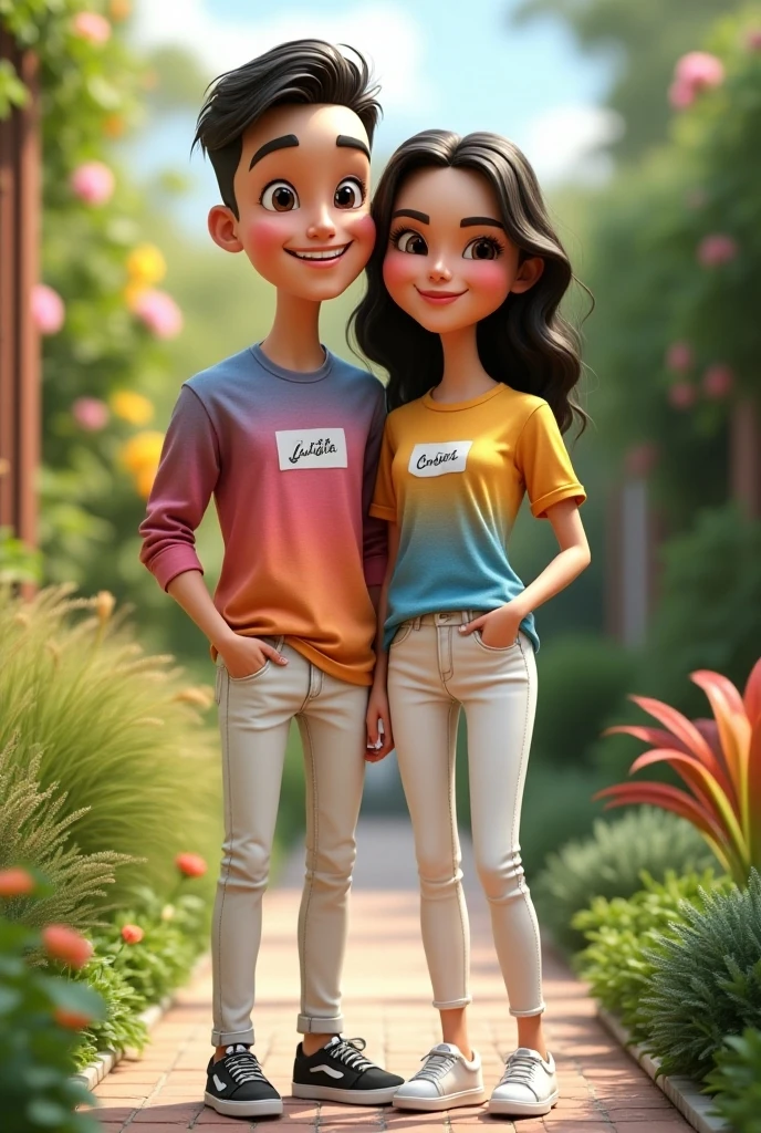 A couple arm in arm, She is smiling, has a robust build, wide legs, small ears, and a light complexion., wide nose big brown eyes hair in a bun and straight curtain bangs, did you wear a Jurassic Park megra blouse?, black denim jacket and black jeans with red high top converse. He is thin complexion, tez morena, He wears square glasses, a wide nose, small eyes, short dark straight hair, small ears, wears black dress pants and a sky blue button-down dress shirt, stars of a Disney Pixar movie, digital art, eating pizza