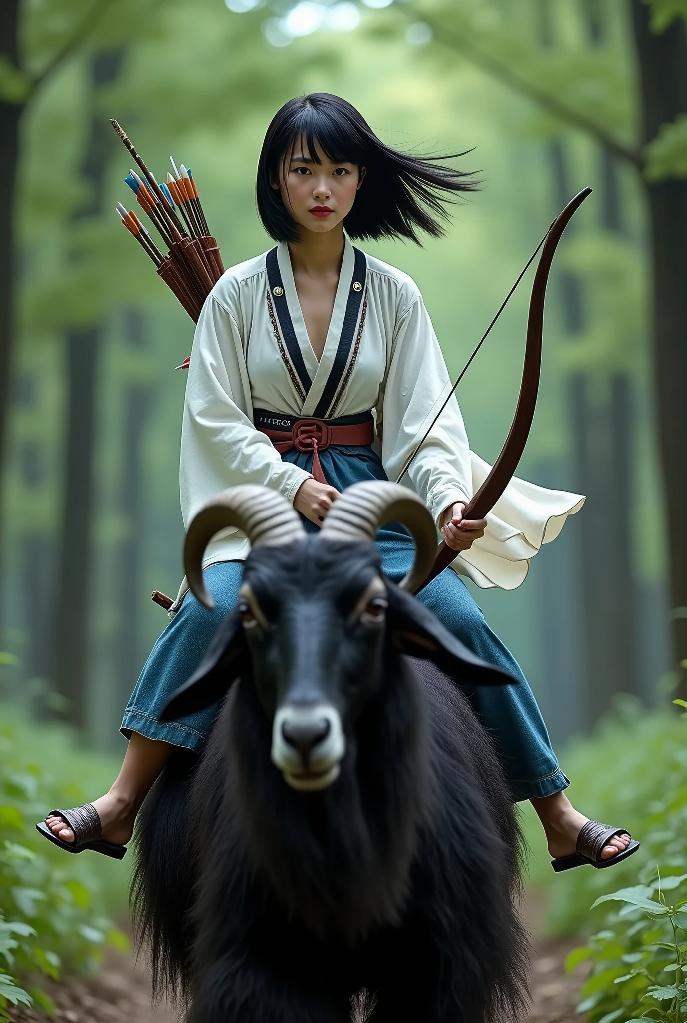 live-action、 real、 very beautiful Japanese woman carrying an arrow and holding a bow、Carrying arrows、 traveling through the forest across a large black goat、White and blue Ainu national costume 、A very beautiful Japanese woman with a 、Black Hair、 short bob hair、Hair blowing in the wind、 upper body、