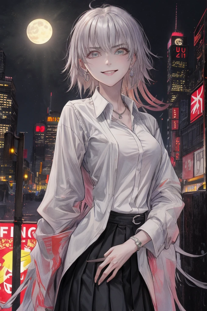 masterpiece, best quality, CG, wallpaper, HDR, high quality, high-definition, extremely detailed, jalter, looking at viewer, upper body, hands on hips, disgusted, looking down,white shirt skirt,black open shirt,silver hair,shirt hair,smile,jeanne d'Arc Alter,fgo,real anime,cinematic light,perfect background,city,moonlight,neon light,16k,super detail,clear eyes,detail hair