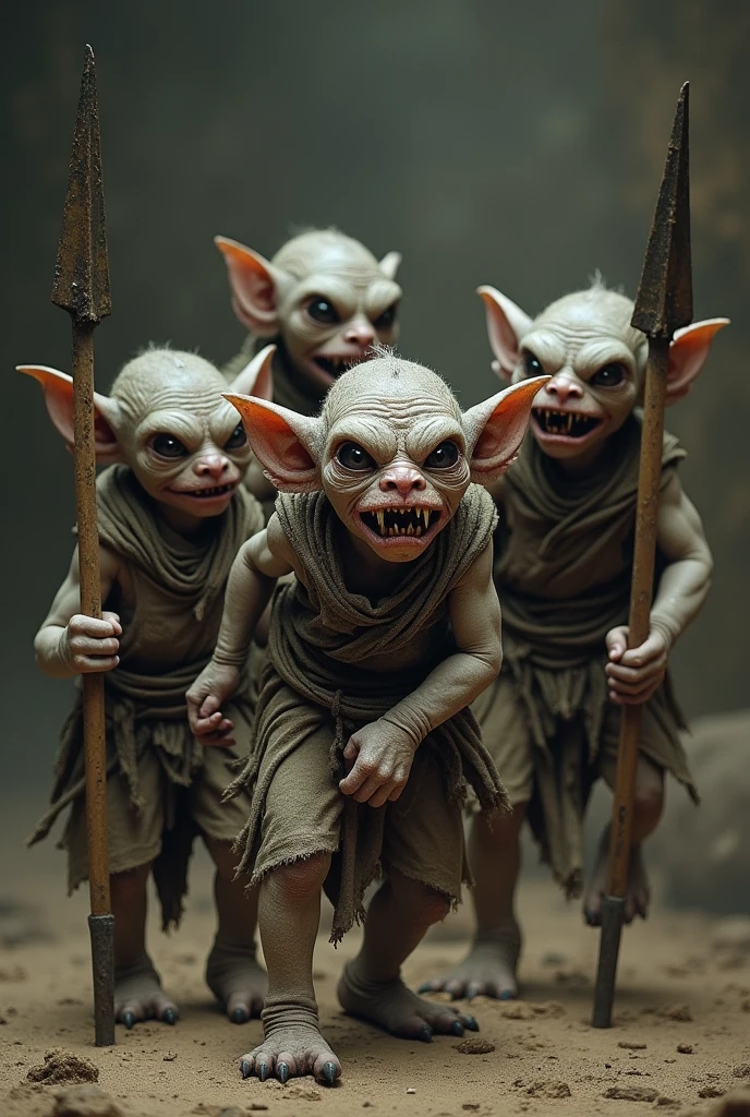 (masterpiece) (best quality) (detailed), (high-resolution), (3 goblins), (((three male goblins crouching, naked, green skin, bald, pointed ears))), (grinning, looking at the viewer), forest
