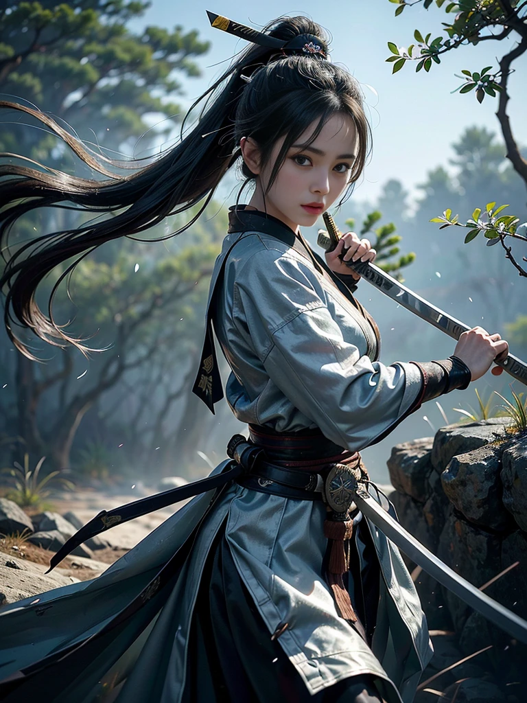 (( beautiful female martial artist showing off Japanese swords))、One sword with a silver shining blade 、(Original photo)、Ultra-detailed、(Best Quality、8k、 high resolution on down、masterpiece:1.2)、Super big breasts、Waterfall Background、Bose of sword dance 、A scene from a martial arts movie、xuer Ancient Chinese sword, Over_shoulder