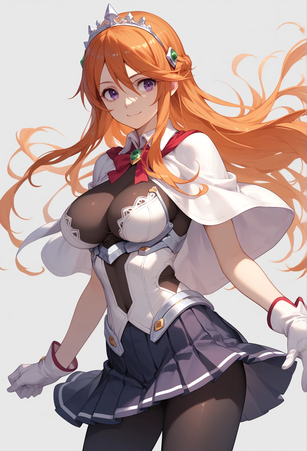 score_9, score_8_up, score_7_up, score_6_up, uncensored, rating_safe, BREAK,Maya Cordelia, cowboy shot,  solo focus, hands,1girl, solo, smile,
orange hair, long hair, sidelocks, purple eyes, tiara,capelet, white bra, detached collar, bodystocking, white gloves, pleated skirt, (black pantyhose:1.1),large breasts, thighs, transparent background,