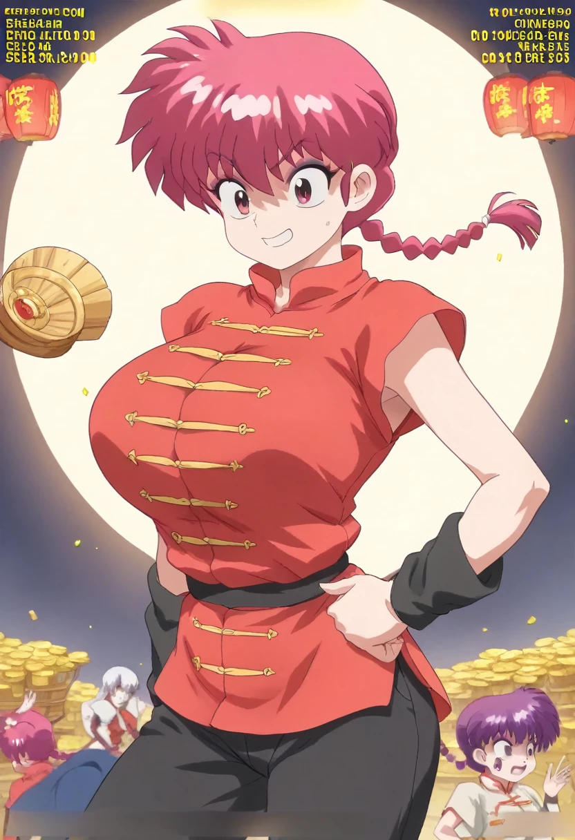 masterpiece, Best Quality, perfect anatomy ,  is so pretty , Absurd　 1 girl\(Ranma, the main character of أنيمي\(Ranma1/2\),  braided ed Red Hair, red eyes, Red Chinese clothing, smile, Ranma Saotome,  braided , Red Hair, single  braided ,  braided ed ponytail, red eyes,pants, Chinese clothes, Bra,, purple eyeshadow), huge breasts　 sexy　 erotic 　 is embarrassing　 is short　Skip the shirt button　elder(Eight Treasure Vegetables)