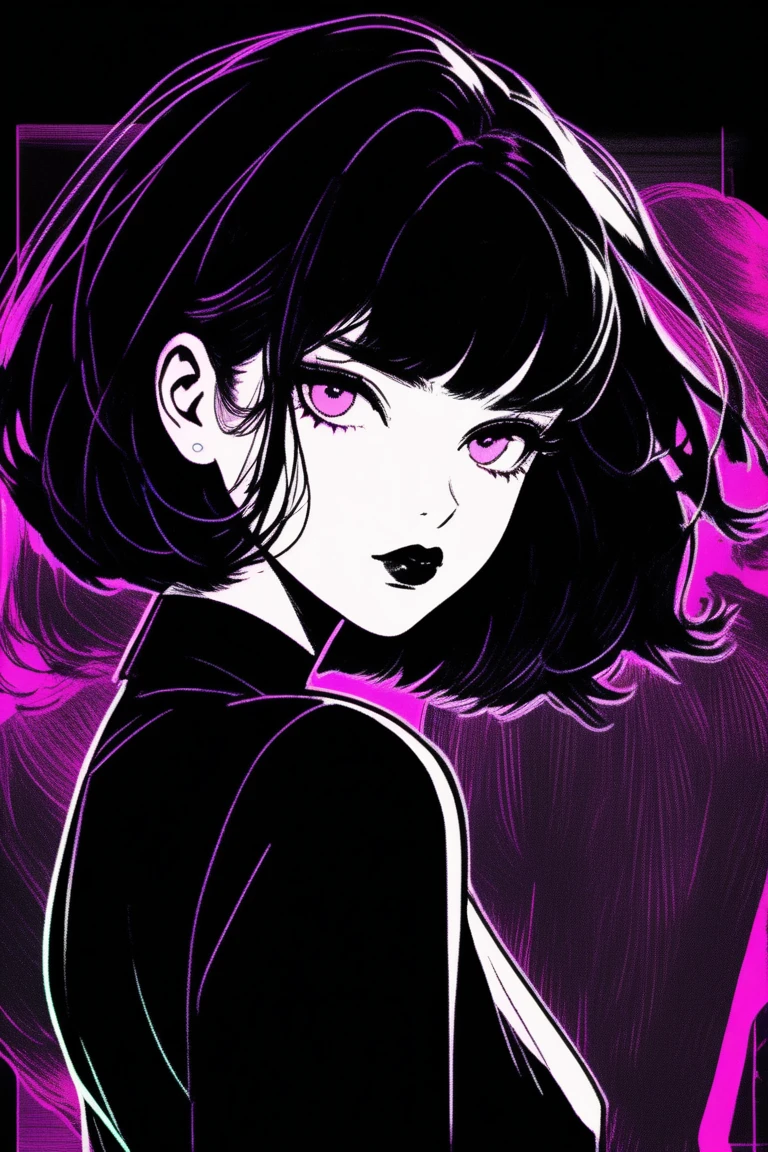 (best quality, sketch:1.2),realistic,illustrator,anime,1 girl, detailed lips, black dress,custom, (background dark monochrome), dark hair,textured cropping, masterpiece, style retro classic, noir dark, art, sketch book, (bob hair black:1.75 neon:1.32), bad women , dark shadows 