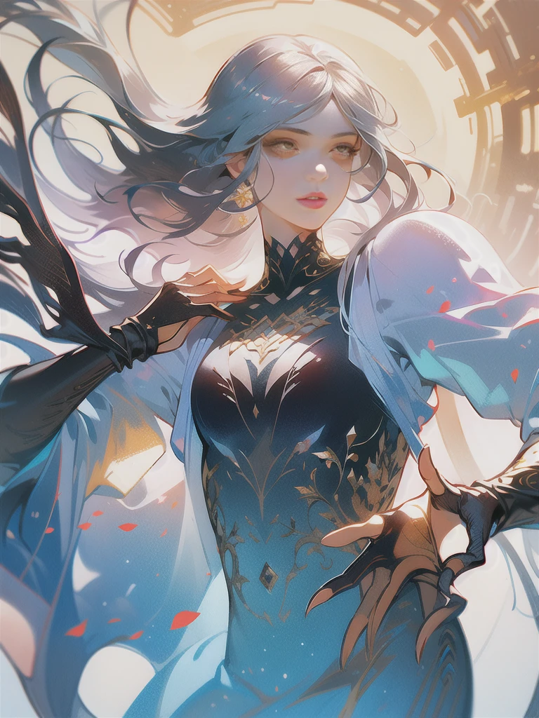 masterpiece, (Highest quality: 1.2), (Super Fine: 1.2), figure, (Very delicate and beautiful: 1.2), Film Angle, floating, (Beautiful detailing: 1.1), (Detail Light: 1.1), Film Light, Delicate Sky, woman, Gray Hair, blue eyes, (High Ponytail: 1.1), Cape, Glowing Eyes, (moon: 1.2), (moonlight: 1.1), Starry Sky, (Particles of light: 1.1), fog , Snow Painting, sketch, flowering