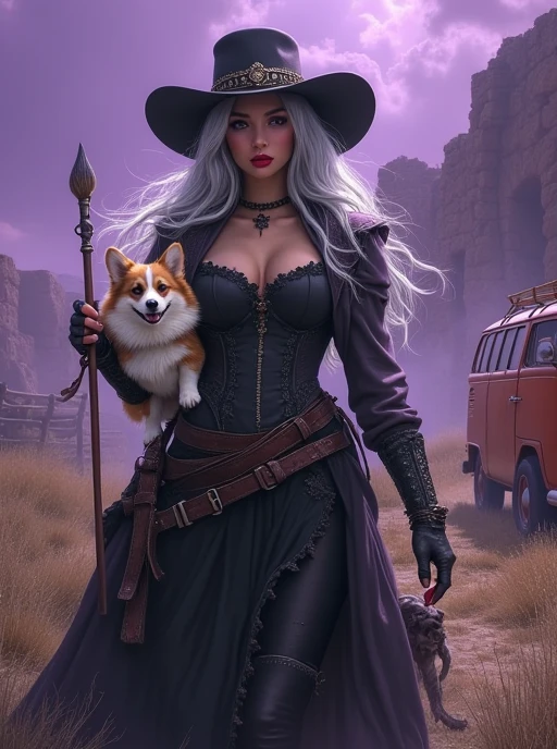 A white woman with long pink hair, Wearing jeans and a red blouse, holding a wand and potion bottle, wearing a witch&#39;s hat on her head in a school that looks like a castle, and a big black wolf looking at her.

