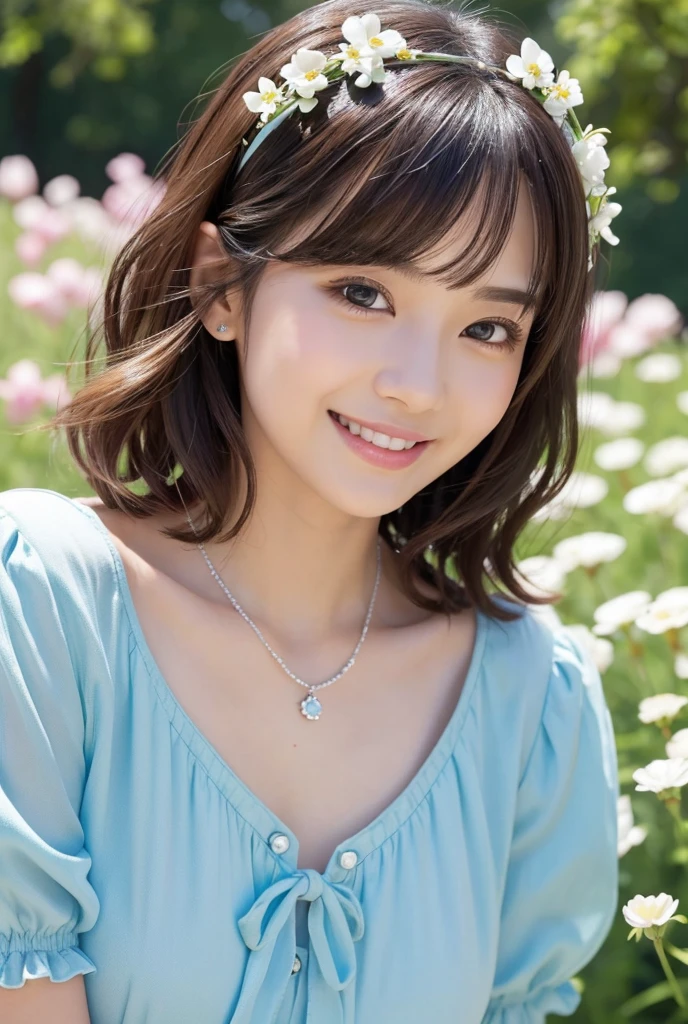 Top Quality, 1 Girl, (Skindentation), (Big), (Sun), Bright, Blurred Background, Outdoors, (Street:0.6), (People, Crowd:1), (Bangs, Wavy hair:1.5), (White T-shirt:1.8), (Light blue camisole dress layered over T-shirt:1.5), Gorgeous, (Floating hair:1.5), (Dynamic Pose:1.8), Soft lighting, Wind, Garden,Big,smile