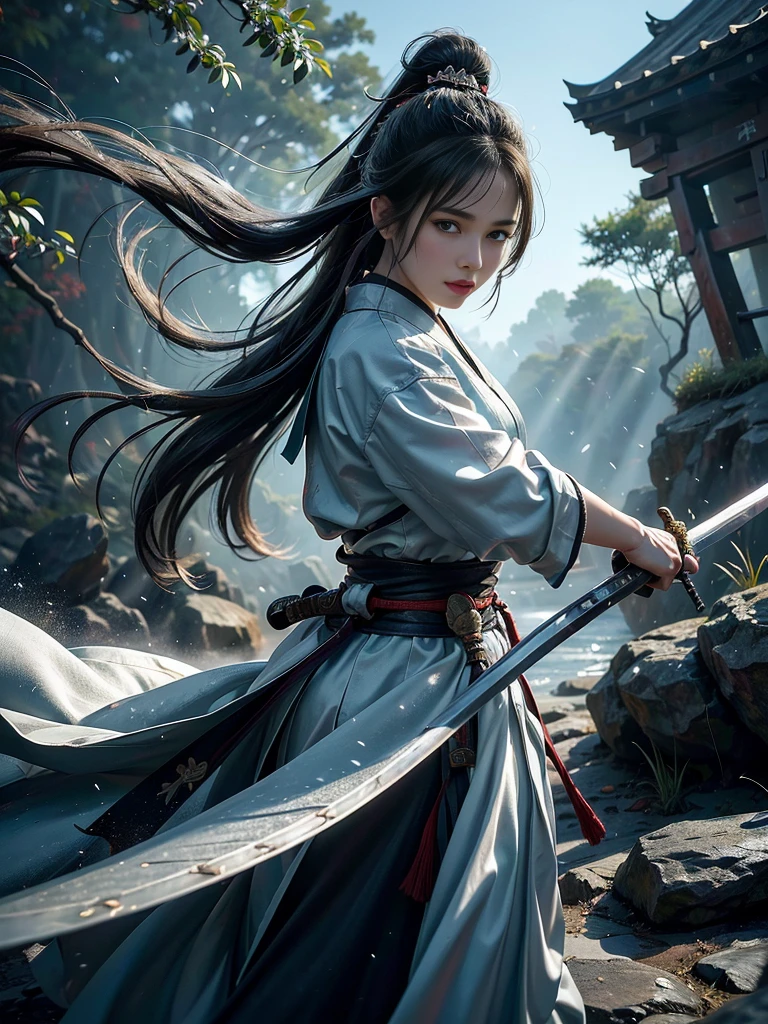 (( beautiful female martial artist showing off Japanese swords))、(One sword with a silver shining blade )、(Original photo)、Ultra-detailed、(Best Quality、8k、 high resolution on down、masterpiece:1.2)、Super big breasts、Waterfall Background、(Bose of sword dance )、A scene from a martial arts movie、xuer Ancient Chinese sword, Over_shoulder