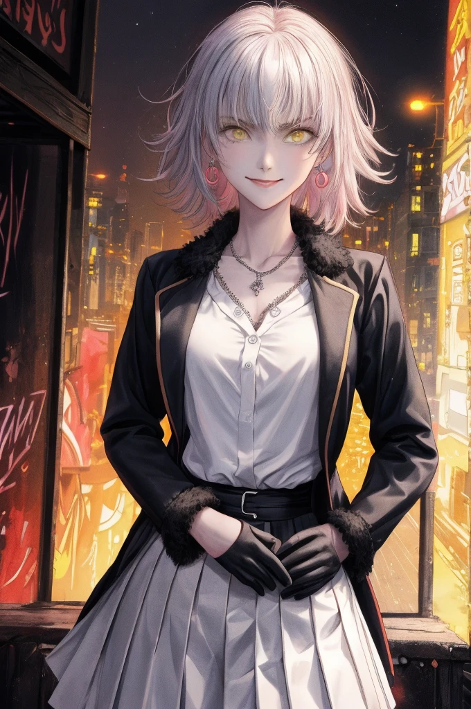 masterpiece, best quality, CG, wallpaper, HDR, high quality, high-definition, extremely detailed, jalter, looking at viewer, upper body, hands on hips, disgusted, looking down,white shirt skirt,black open shirt,pinksilver hair,shirt hair,smile,jeanne d'Arc Alter,fgo,real anime,cinematic light,perfect background,city,moonlight,neon light,16k,super detail,clear eyes,detail hair,yellow color eyes