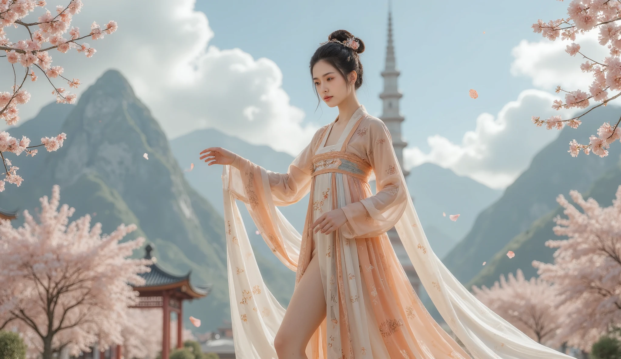 ,whole body，Imagine， White clouds and mountains in the distance  、Tower and many people，Pink flowers， Cherry Blossom Tree ，Cherry blossom petals falling，Hanfu woman,Phoenix Coronet、 Exquisite embroidery 、Wearing Hanfu pantyhose、Hanfu、Wear long-sleeved Hanfu、Transparent and clear、Look and、、Raw,(8K、 high quality 、masterpiece:1.8)、( Complex Details :1.8)、(Reality:1.8)、   Octagonal Rendering   、 Complex 3D Rendering with Ultra Details, studio soft light, Side Light, vivid detailss, Super Details ,   Real Skin Textures  , details,   beautiful eyes, Highly detailsed CG Unity 16k wallpaper, cosmetic, (    Detailed Background    :2.0),   clear fingers  ，  Beautiful Fingers  ，Radiant Skin、 Spread your legs ， Reveals Your Thighs !!!、