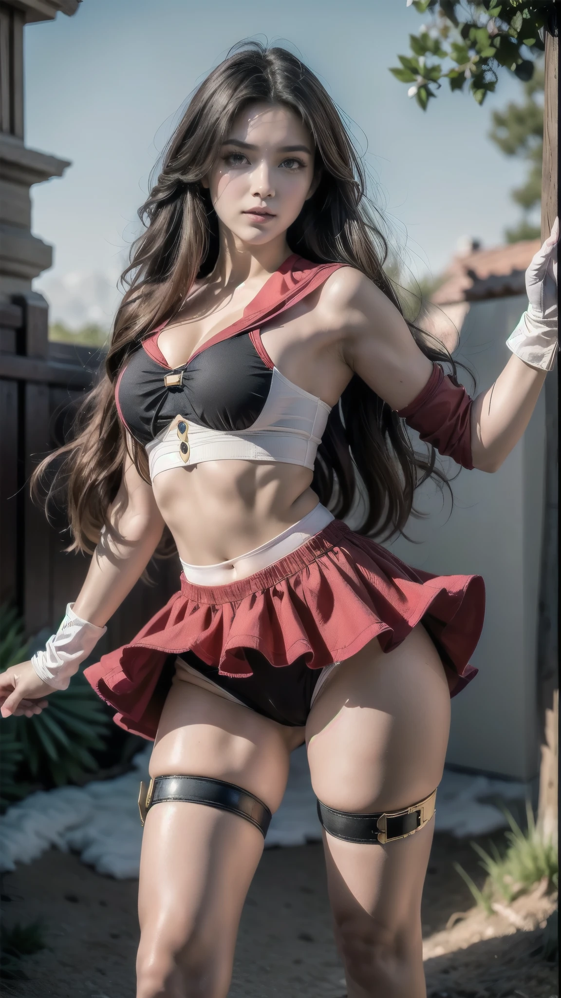  A fire-king that matches the original painting of Sailor Moon, delicate face, purple bow, } sailor Marte Fireno-Rei ,   full body ,  Japanese sailor ,  white V-neck blouse ,  Short red skirt with a high waist ,  He came out covering his butt ,  Oily skin-colored socks up to the waist , white combat gloves, Warrior Outfit, short top, , gold trim,  star brooch ,  division design ,  red ribbon on the head , combat gloves, white high boots,  shin guards with pattern Of flames , detail of the belt ,  high quality front texture ,  bright colors,   original manga character setting  ,  men's small waist  ,, golden ratio, Tall and long legs, Vivid expression, charming eyes, delicate and soft skin,  Long black hair ,  dynamic hairstyle ,   smoky makeup  , colorful background, bright starry sky,  Dazzling Urban Scenery with Rich Colors , HD details,  exquisite rendering , stereoscopic,  realistic image ,  use of light and shadow ,  big, watery eyes , ( Blade eyebrows : 0.1), (high nasal bridge: 0.6), (smile: 0.6), long red hair, ( Big breasts : 1.1),  Red Eyes, Sensual, (big buttocks), transparent cardigan, thin, (masterpiece: 1.2, superb), realistic, skinny,  22-year-old , (live fire, Well done,   depth of field ), (1 , Alone), makeup, Noble, elegant, Blush, Worthy, proud, trusting, ( clear and shiny skin ), maduro, (Tune), (big ass: 1.3), beautiful, (small mouth), black hair super long, wet body,  red ribbon on clothes , golden hat, Ultra HD, 8k,  better light and shade , best shade,   depth of field ,  lots of colorful bubbles , elevation view,  long leg visual effect , (extended leg: 1.2),  perspective improvement , kicking action,  fire special effects , coastline,  sunny day ,  refraction of the water wave ,  Character standing in the dojo , body proportions, (Chapped lips:1.4), (blush de nariz:1.2), foreshortening, black cuts, (eye contact), persephone