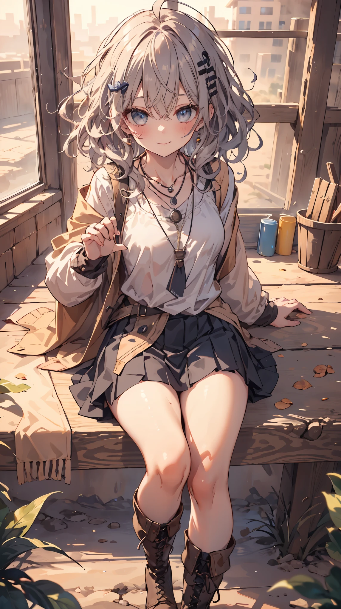 masterpiece, 1 girl, sparrow, a grey haired girl, wearing a medieval villager clothes, curly medium hair, messy hair, slim body, he close her left eye, shirt ornament, ruby eyes, ahoge, baby face, beautiful eyes, droopy eyes, her age is 19, nagisa_bluearchive, seductive face, medium hair, seductive smile, curly hair, MongolPunkAI, medium breasts, view from right down, she tease you, lend a hand to you, she very close to you, smug smile, rainbow_one, shirt, mini skirt, crocth tattoo, necklace, erotic smile, barn, long sleeves, boots, pleated skirt