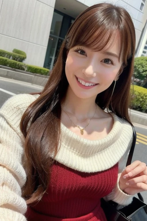 Beautiful white and shining skin、Chestnut hair that changes depending on the light、Long bangs between the eyes that obstruct the view、Cheek gloss highlights、Sexy and very beautiful nice gorgeous face、the most beautiful face in the world、short bob、Smooth straight hair、medium breasts、beautiful breasts、cleavage、Big and bright eyes、beautiful bangs、Beautiful and beautiful woman、small face beauty、golden ratio、natural smile、loose white wool sweater、off shoulder、tight mini skirt、black thick pantyhose、snow boots、full body shot、beautiful thighs、snow scene、