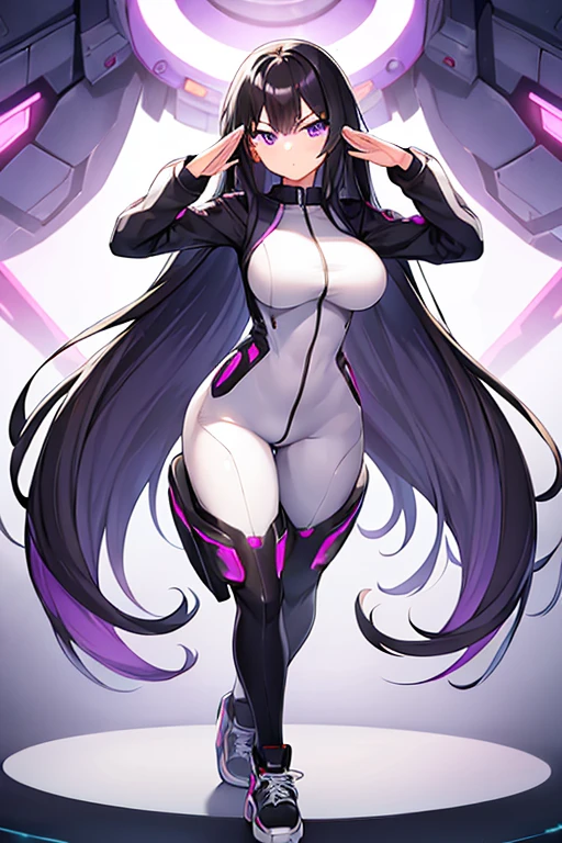1girl, black hair, long hair, serious, salute, purple eyes, white bodysuit, bodysuit, large breasts, breasts, futuristic, tech, science-fiction, machinery, mature female