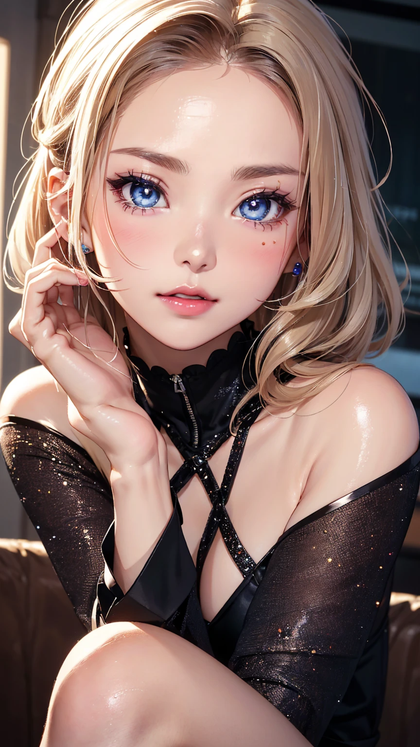 Highest quality, masterpiece, Ultra-high resolution, (Realistic: 1.4), RAW Photos, One girl, Off the shoulder, Cinema Lighting, Kiss pose, Heterochromia iridis, Gray Hair, Gray Hair
