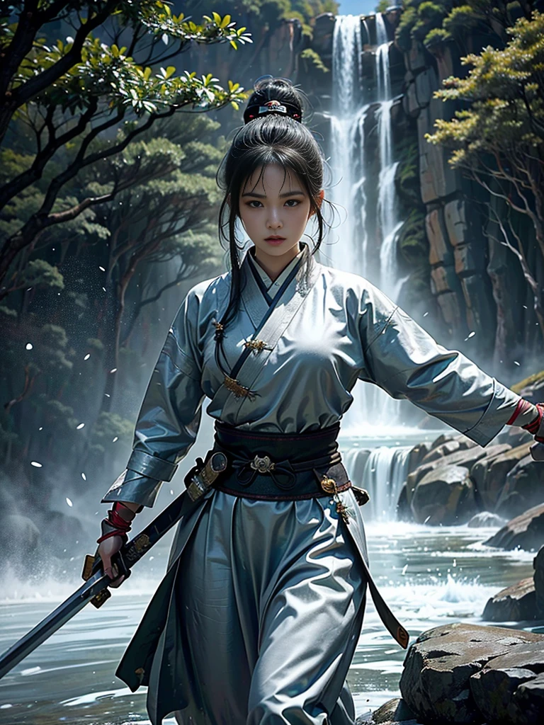 (( beautiful female martial artist showing off Japanese swords))、One sword with a silver shining blade 、(Original photo)、Ultra-detailed、(Best Quality、8k、 high resolution on down、masterpiece:1.2)、Super big breasts、Waterfall Background、(Bose of sword dance )、A scene from a martial arts movie、xuer Ancient Chinese sword, Over_shoulder