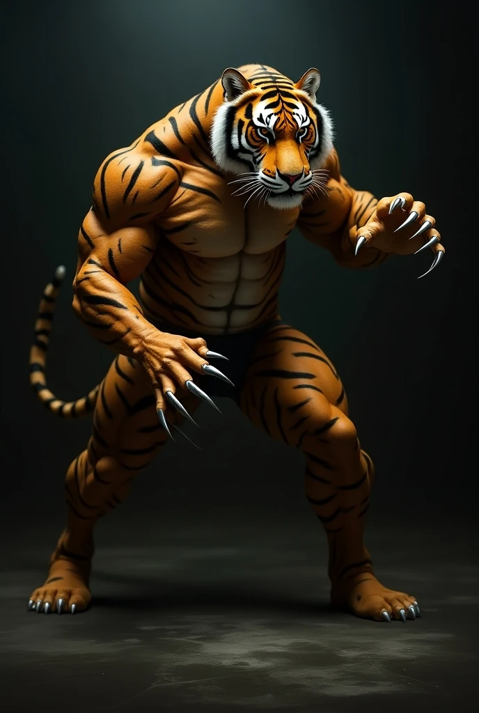 Man, dressed in 80s tiger man cosplay, Full body, arms raised in victory, high quality image, Accuracy in detail of the image, setting in a ring,