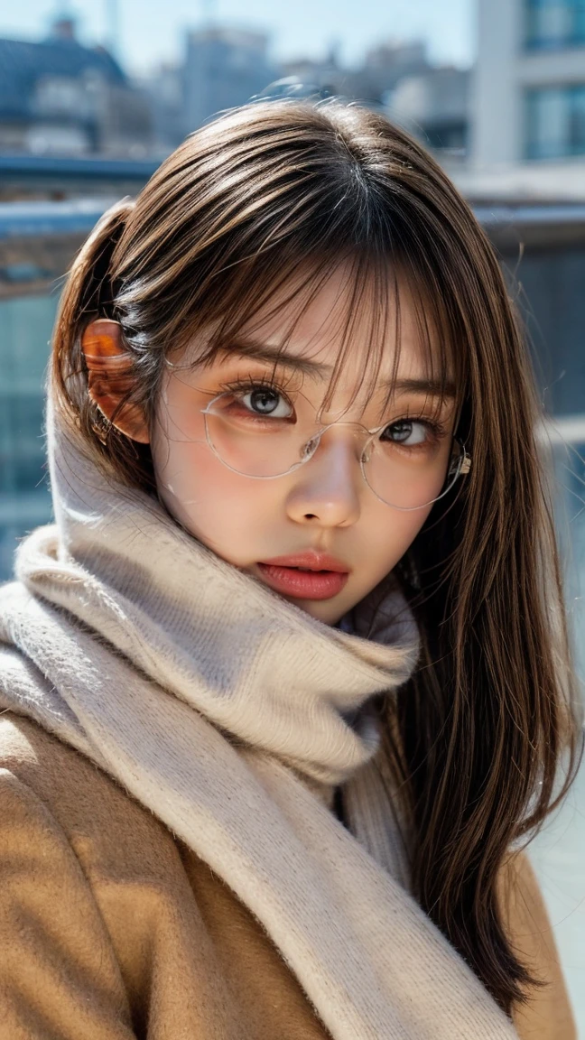  ponytail, White scarf ,Wear a dark brown coat, Seductive lips ,  lip gloss, Seductive lips, 艶やかな  lip gloss, , ((  eyes staring at viewers )),  foot pose 1  , Sharp Eye, High Concentration  ,  makeup eyes  , iris, Natural tear troughs, small nose,Beautiful Nose, Best Quality, 最 High image quality, Realistic, ( High image quality:1.2), , ( 1 on the face .3 ),Kissing Face, ( Poke out your lips ), autumn, A little cold, Wear warm clothes, Stylish, Paris cityscape, Stylishな街並み, White scarf着用,  Wearing a Light Brown Long Coat ,  sandy beach, Moe sleeves,  I'm taking a picture from a distance ,Height: 172cm, Best Style,  Scarves and coats are different colors , Wearing glasses