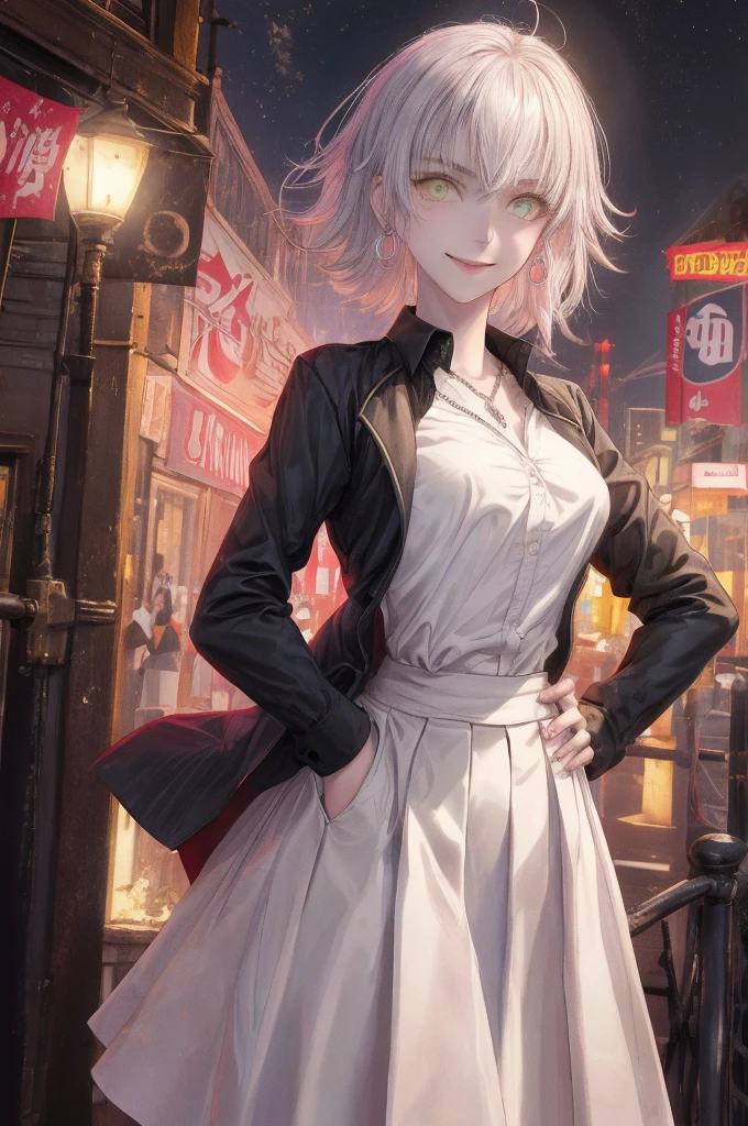 masterpiece, best quality, CG, wallpaper, HDR, high quality, high-definition, extremely detailed, jalter, looking at viewer, upper body, hands on hips, disgusted, looking down,white shirt skirt,black open shirt,pinksilver hair,shirt hair,smile,jeanne d'Arc Alter,fgo,real anime,cinematic light,perfect background,city,moonlight,neon light,16k,super detail,clear eyes,detail hair,yellowgold color eyes