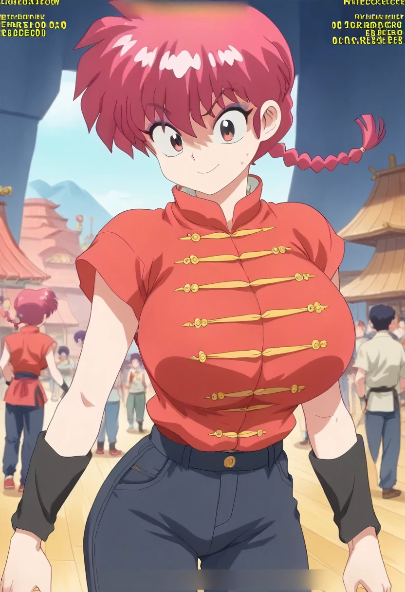 masterpiece, Best Quality, perfect anatomy ,  is so pretty , Absurd　 1 girl\(Ranma, the main character of أنيمي\(Ranma1/2\),  braided ed Red Hair, red eyes, Red Chinese clothing, smile, Ranma Saotome,  braided , Red Hair, single  braided ,  braided ed ponytail, red eyes,pants, Chinese clothes, Bra,, purple eyeshadow), huge breasts　 sexy　 erotic 　 is embarrassing　 is short　Skip the shirt button　elder(Eight Treasure Vegetables:Ranma 1 character/2)　crowd