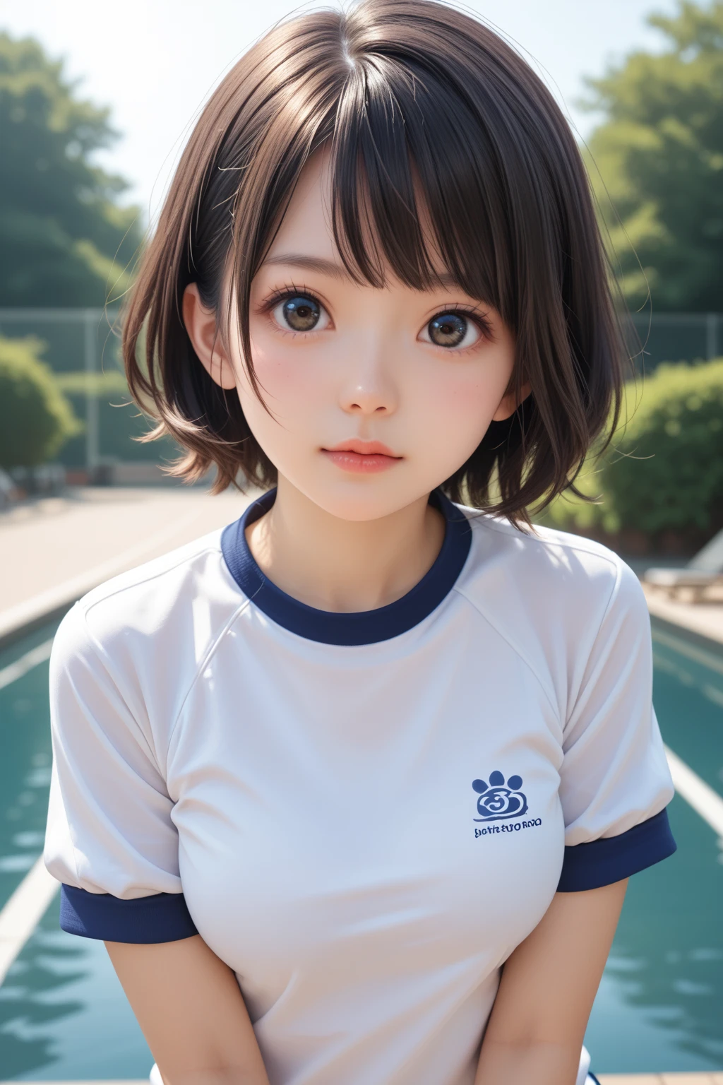 score_9,score_8_up,score_7_up,BREAK, rating_safe,source_real,one girl,tiny,oblong face,short face,narrow chin,detailed face,idol eyes,big eyes,short eyes,black eyes,buruma,gym  uniform,beautiful iris,small nose,small mouth,no make up,looking at viewer,medium breasts,cowboy shot,outdoors