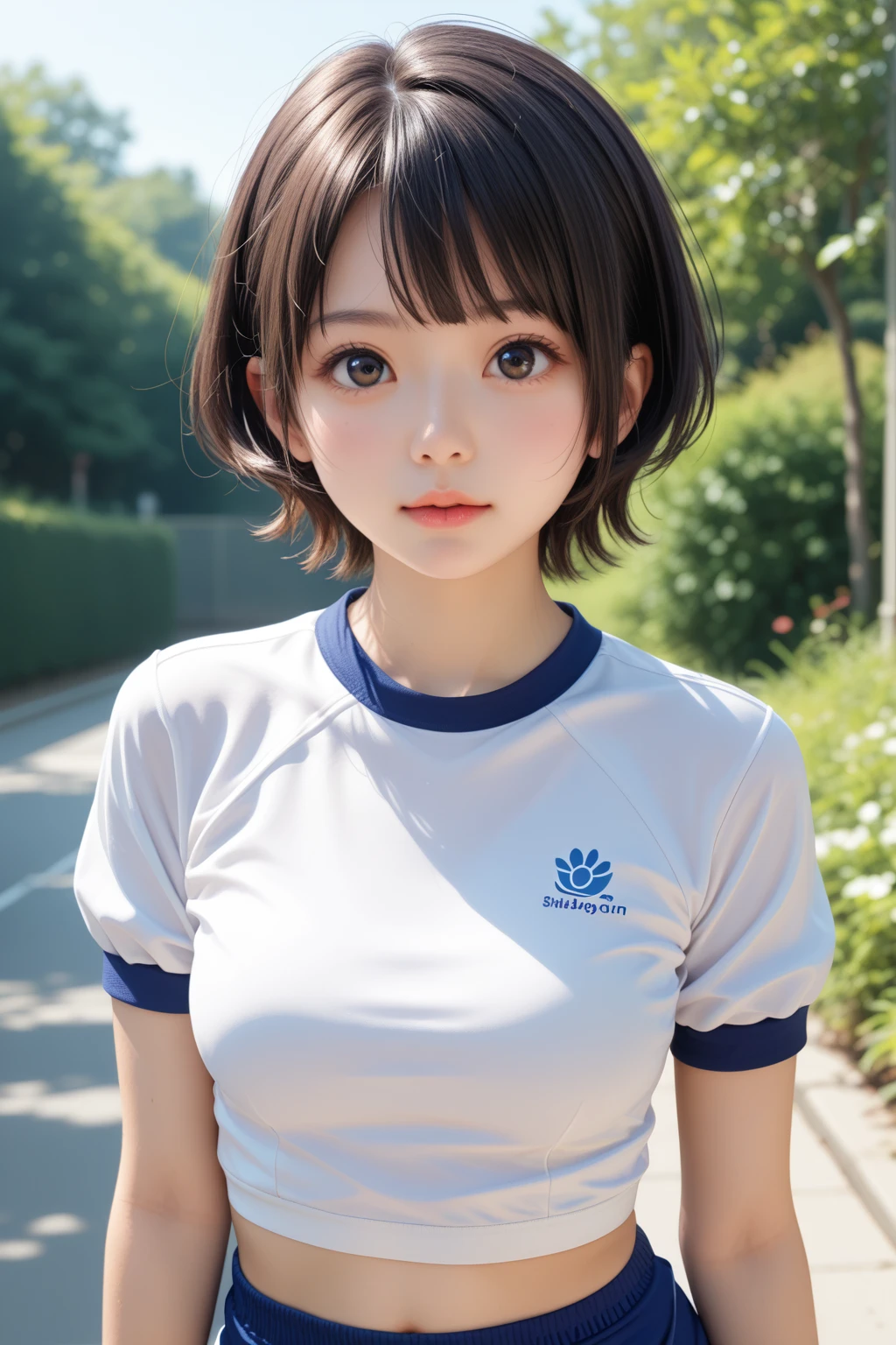 score_9,score_8_up,score_7_up,BREAK, rating_safe,source_real,one girl,tiny,oblong face,short face,narrow chin,detailed face,idol eyes,big eyes,short eyes,black eyes,buruma,gym  uniform,beautiful iris,small nose,small mouth,no make up,looking at viewer,medium breasts,cowboy shot,outdoors