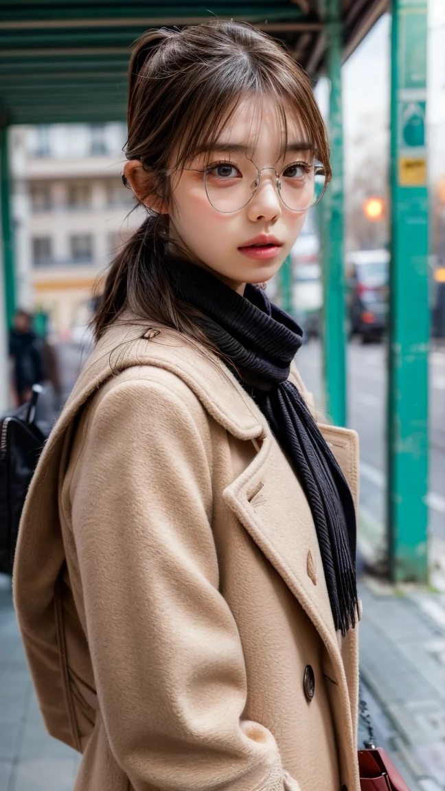  ponytail, White scarf ,Wear a dark brown coat, Seductive lips ,  lip gloss, Seductive lips, 艶やかな  lip gloss, , ((  eyes staring at viewers)),  foot pose 1  , Sharp Eye, High Concentration  ,  makeup eyes  , iris, Natural tear troughs, small nose,Beautiful Nose, Best Quality, 最 High image quality, Realistic, ( High image quality:1.2), , ( 1 on the face .3 ),Kissing Face, ( Poke out your lips ), autumn, A little cold, Wear warm clothes, Stylish, Paris cityscape, Stylishな街並み, White scarf着用,  Wearing a Light Brown Long Coat ,  sandy beach, Moe sleeves,  I'm taking a picture from a distance ,Height: 172cm, Best Style,  scarf and coat are different colors , Wearing glasses, I'm wearing my glasses slightly offset ,  has a bag 