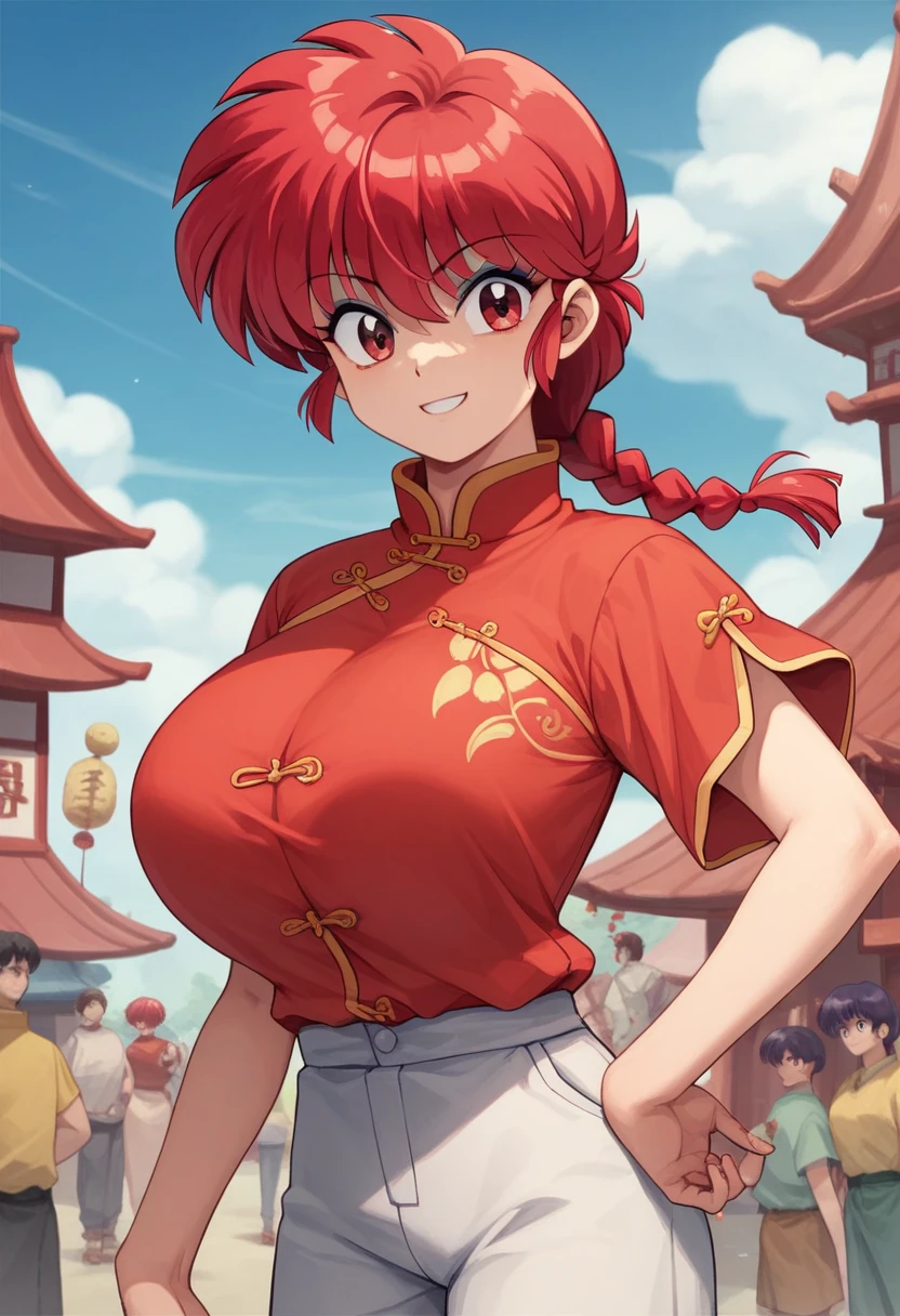 masterpiece, Best Quality, perfect anatomy ,  is so pretty , Absurd　 1 girl\(Ranma, the main character of أنيمي\(Ranma1/2\),  braided ed Red Hair, red eyes, Red Chinese clothing, smile, Ranma Saotome,  braided , Red Hair, single  braided ,  braided ed ponytail, red eyes,pants, Chinese clothes, Bra,, purple eyeshadow), huge breasts　 sexy　 erotic 　 is embarrassing　 is short　Skip the shirt button　elder(Eight Treasure Vegetables: character Ranma 1/2)　crowd　elderに胸を見られる