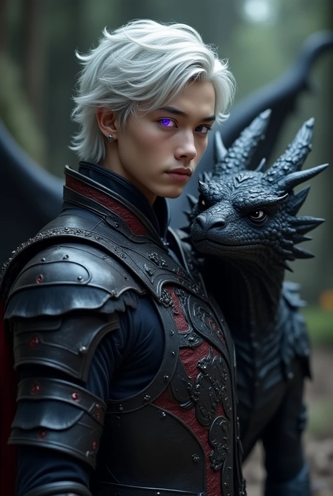 A 1 American teenage prince.
Her medium black hair with red tips and her blue eyes.
Behind him a black and royal blue phoenix dragon.
Must have American features.