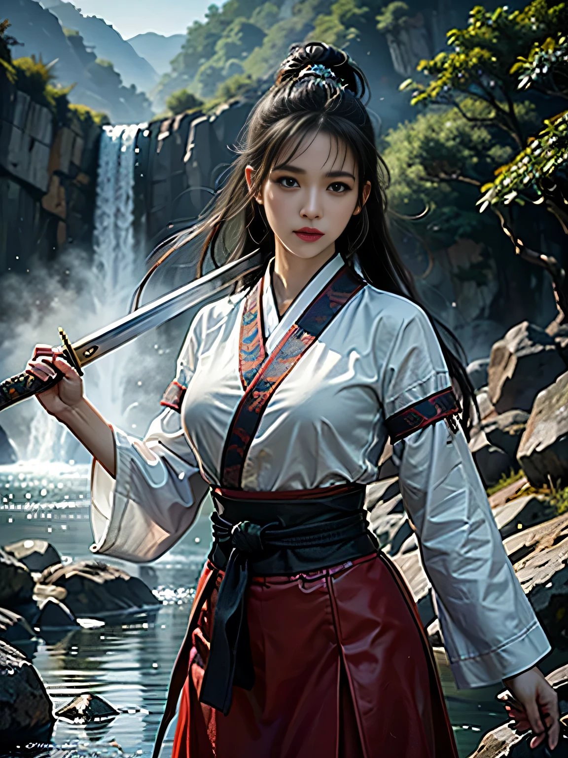 Beautiful female martial artist showing off her Japanese sword、Original photo、Super detailed、(Best Quality、8k、 high resolution on down、masterpiece:1.2)、Super big breasts、Waterfall Background
