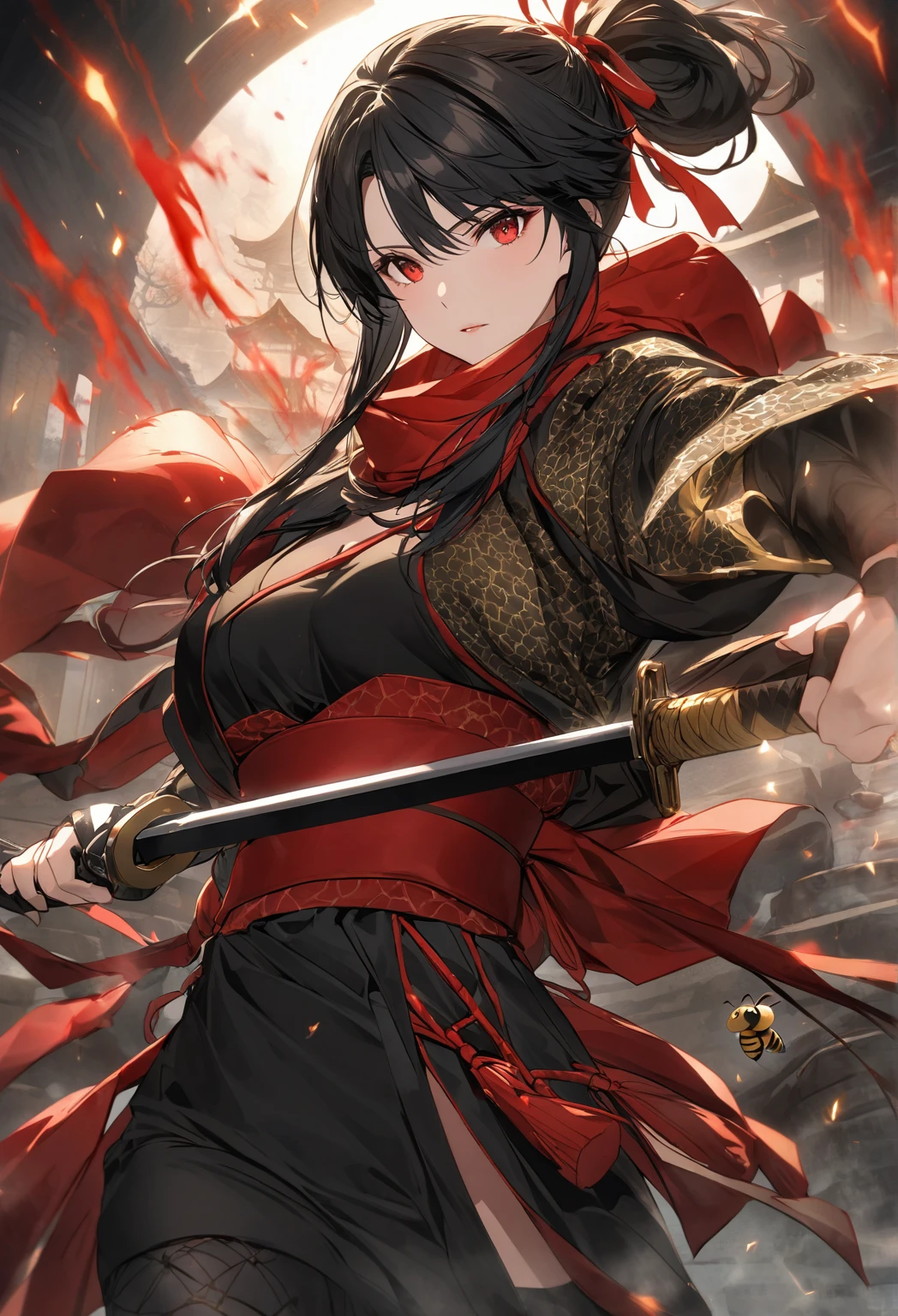 "Create an illustration of a futuristic female ninja with black hair, wearing a detailed and modernized ninja costume and equipped with traditional and technical weapons. She has long black hair tied with a red ribbon and a symbol of bee, she has red eyes. She must be wearing an advanced black outfit with red accents that include letters. She holds a sword with intricate patterns on the hilt and sheath. The setting is Edo period.Volumetric lightning adds a touch of magic, highlighting your beauty and aura in a supernatural way. A tecnologia High Dynamic Range (HDR) makes the cores stand out, adding richness to the overall composition. Finally, this art presents an unreal portrait. BLACK HAIR