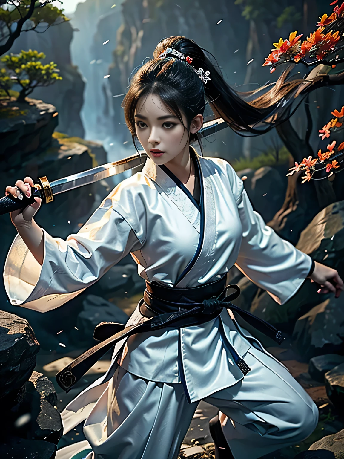 ((Beautiful female martial artist showing off her Japanese sword))、(Original photo)、Ultra-detailed、(Best Quality、8k、 high resolution on down、masterpiece:1.2)、Super big breasts、Waterfall Background