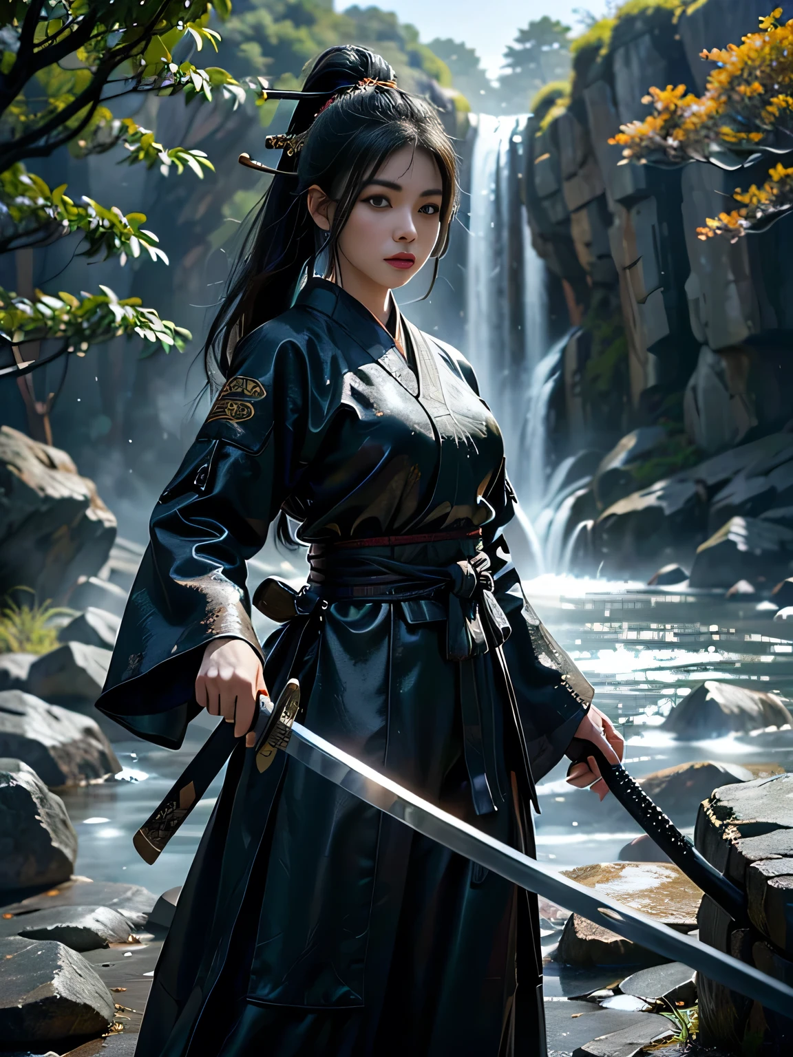 ((Beautiful female martial artist showing off her Japanese sword))、(Original photo)、Ultra-detailed、(Best Quality、8k、 high resolution on down、masterpiece:1.2)、Super big breasts、Waterfall Background、xuer Ancient Chinese sword, Over_shoulder