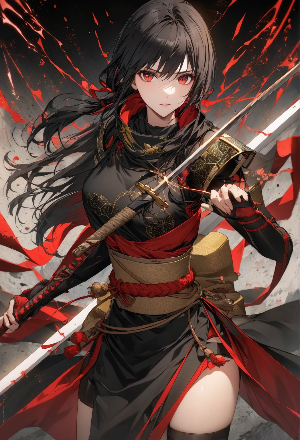 "Create an illustration of a futuristic female ninja with black hair, wearing a detailed and modernized ninja costume and equipped with traditional and technical weapons. She has long black hair tied with a red ribbon and a symbol of bee, she has red eyes. She must be wearing an advanced black outfit with red accents that include letters. She holds a sword with intricate patterns on the hilt and sheath. The setting is Edo period.Volumetric lightning adds a touch of magic, highlighting your beauty and aura in a supernatural way. A tecnologia High Dynamic Range (HDR) makes the cores stand out, adding richness to the overall composition. Finally, this art presents an unreal portrait. BLACK HAIR, Red Eyes