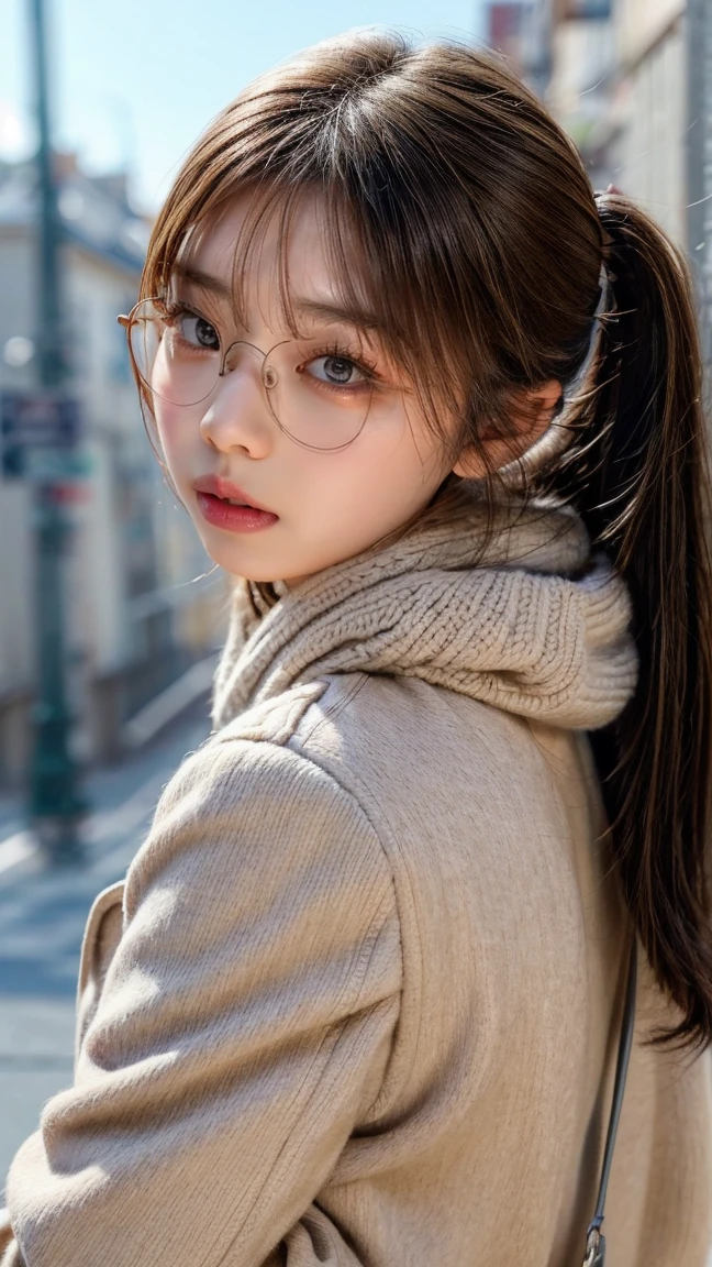  ponytail, White scarf ,Wear a dark brown coat, Seductive lips ,  lip gloss, Seductive lips, 艶やかな  lip gloss, , ((  eyes staring at viewers )),  foot pose 1  , Sharp Eye, High Concentration  ,  makeup eyes  , iris, Natural tear troughs, small nose,Beautiful Nose, Best Quality, 最 High image quality, Realistic, ( High image quality:1.2), , ( 1 on the face .3 ),Kissing Face, ( Poke out your lips ), autumn, A little cold, Wear warm clothes, Stylish, Paris cityscape, Stylishな街並み, White scarf着用,  Wearing a Light Brown Long Coat ,  sandy beach, Moe sleeves,  I'm taking a picture from a distance ,Height: 172cm, Best Style,  Scarves and coats are different colors , Wearing glasses,  wearing glasses slightly offset downward ,  has a bag , Wearing a crochet , Stylishな白色のクロッシェ