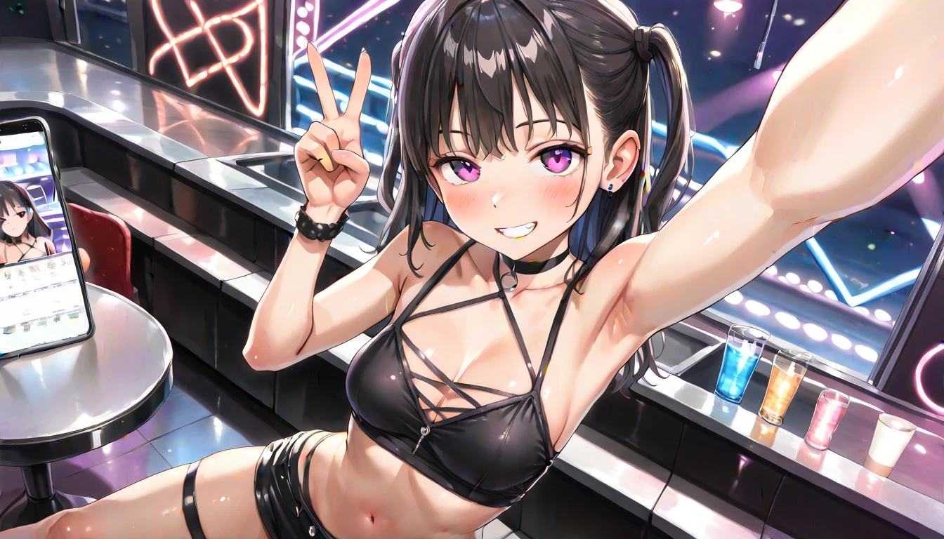 ((top quality)),((masterpiece)),((perfect face)),(ultra-detailed),ultra high res, 8k, 1girl, solo, selfie,  nightclub, dynamic perspective, exquisite, (very aesthetic:1.2), (absurdres:1.2), (detailed background),newest, perfect anatomy, 