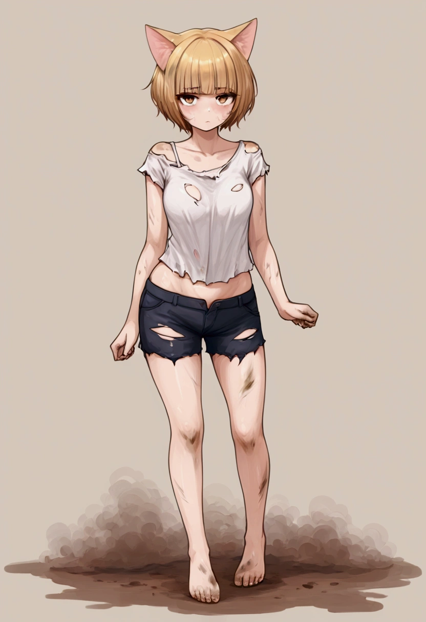 A Cat Girl,    big and strong very strong   ,   short hair with bangs,White,face dirty with dust,  short clothes, Ripped and torn .      full body   , 