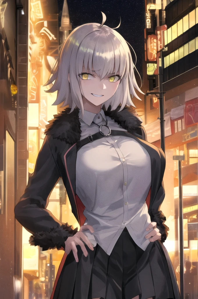 masterpiece, best quality, CG, wallpaper, HDR, high quality, high-definition, extremely detailed, jalter, looking at viewer, upper body, hands on hips, disgusted, looking down,white shirt skirt,gorgeous shirt,pinksilver hair,shirt hair,smile,jeanne d'Arc Alter,fgo,real anime,cinematic light,perfect background,city,moonlight,neon light,16k,super detail,clear eyes,detail hair,yellowgold color eyes