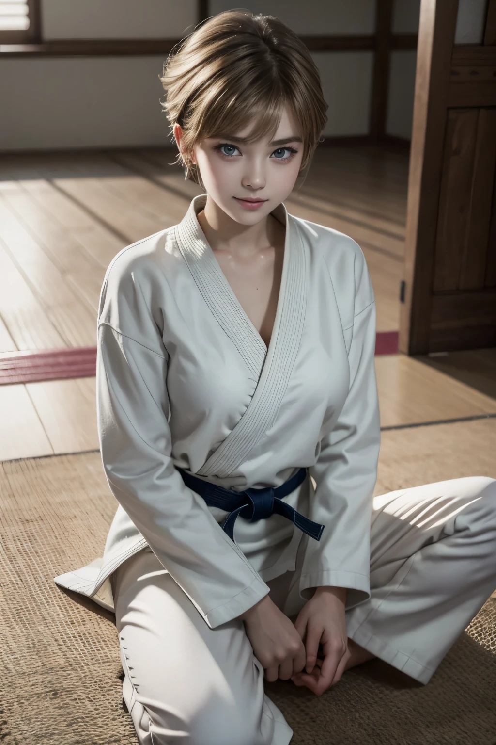 cinematic film still photographed.
Perfect appearance. Top quality. High resolution.
High quality photos. Photos that are in correct focus.
Correct human anatomy. Correct hand shape.
She is a high school student.
Her face looks a lot like that of YouTuber Ella Freya.
Too beautiful girl. Her face is so young.
Her haircut is a pixie haircut.
Her hair looks like Amara Tenou.
Her hair looks like Audrey Hepburn.
Too big breasts.
She is wearing a judogi.
Martial arts uniform for judo practice.
Her judogi is conservative. Long white pants.
She is smiling.
Judo Hall. Tatami mats.
sit cross-legged.