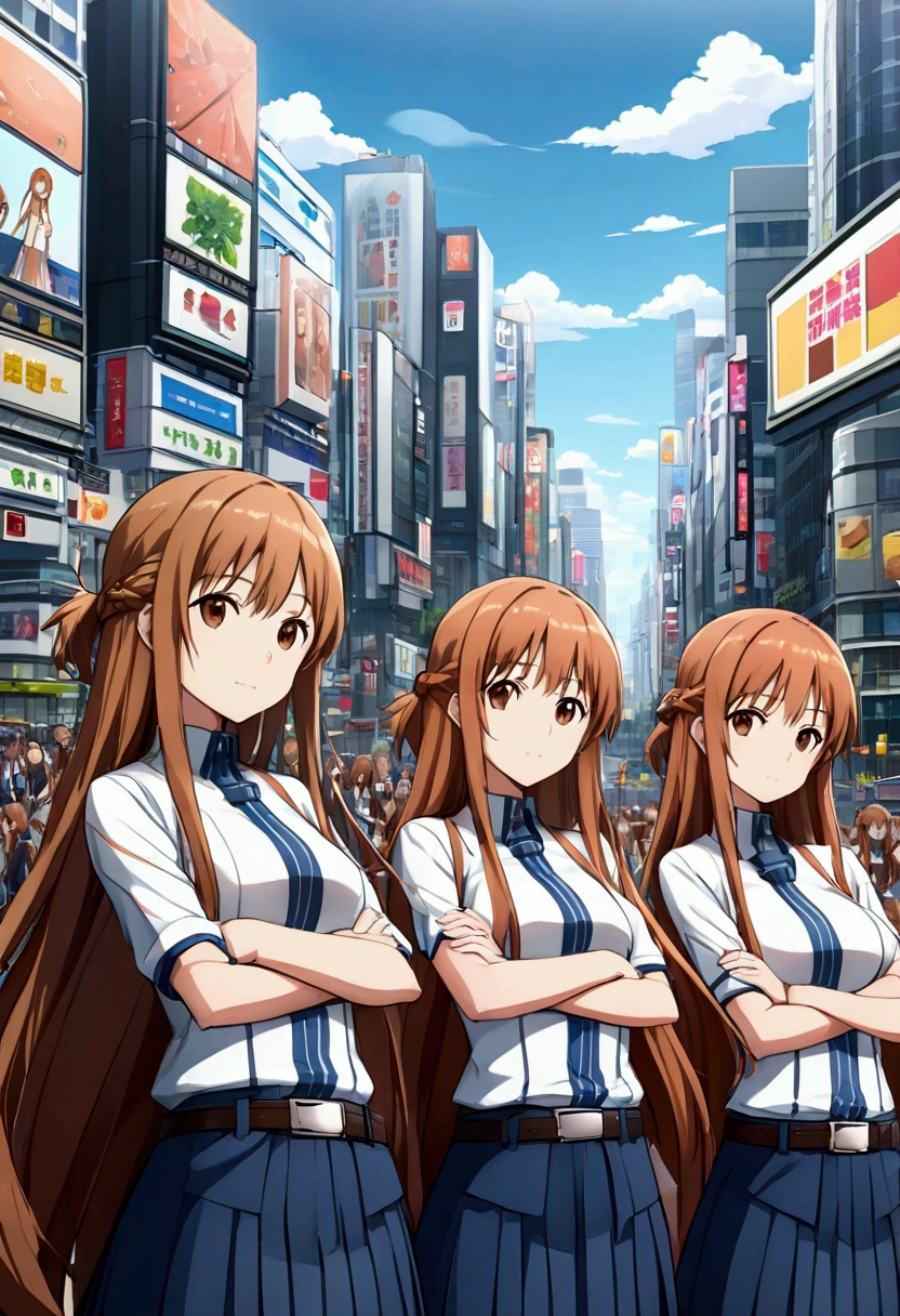 (((asuna, anime art style, long_hair, skirt, brown_hair, brown_eyes, very_long_hair, belt, crossed_arms)))(((An infinite number of girls with the same face and the same figure))) (((cloned face)))
(((similar identical twins)))(((At the Shibuya crossing, their bodies fill the space against the backdrop of tall buildings and advertisements. In the distance, only her distinctive brown hair is visible.)))
(((All the girls have the exact same face and na))), The girls have the same face and figure, as if they were mirror images.