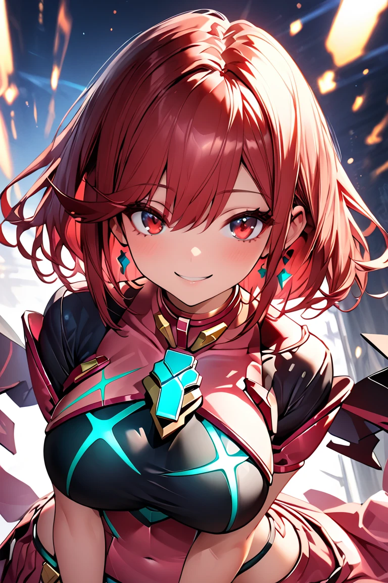 (highest quality:1.2, Very detailed, up to date, Vibrant, Ultra-high resolution, High Contrast, masterpiece:1.2, highest quality, Best aesthetics), (((1 girl))), gpyra \(xenoblade chronicles 2\), red eyes, masterpiece, maximum quality, 4k,  ultra detailed, pyra's cosplay, standing, leaning slightly forward, bright smile, crystal red eyes, round face, soft light, shiny hair, friendly smile, thighs slightly large, hips slightly wide, 3 quarters of the body, looking at the viewer, front, high angle view, big chest, black chest